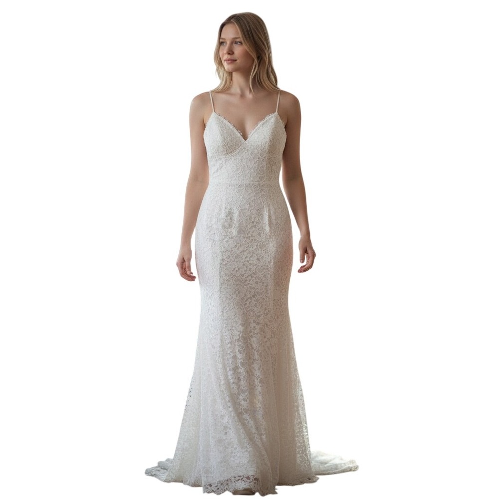 Mikaella Lace Wedding Dress 10 Ivory Mermaid Low Back Gown train silk lined